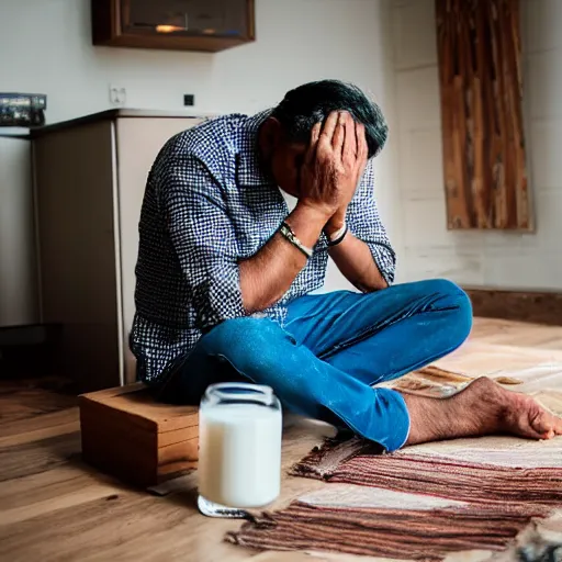 Prompt: Indian dad crying and sitting while looking at spilled milk on his wooden table, photo dslr