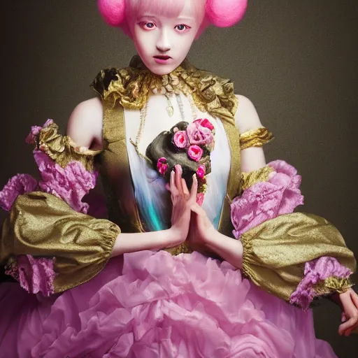 Image similar to 8 k, octane render, realism, tonalism, renaissance, rococo, baroque, portrait of a young lady wearing long harajuku manga dress with flowers and skulls, cotton candy!! ( background chaotic gold leaf flowers )