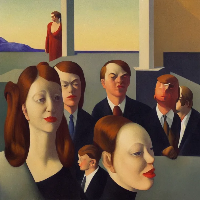 Image similar to group of people pictured in afternoon light, close - up of the faces, surrealist oil painting by edward hopper, dora maar and rene magritte