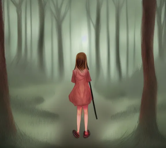 Prompt: a girl wandering in a dark forest, dim lighting, digital painting, scary atmosphere