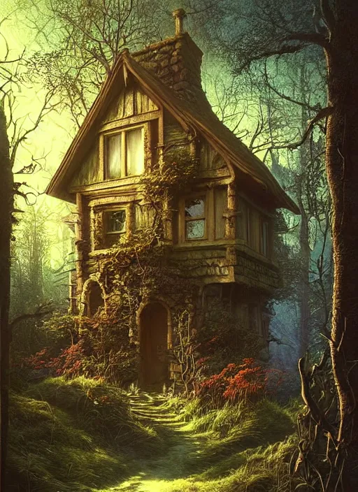 Image similar to hyper realistic homely ornate modern witch cottage distant down a path in the woods gorgeous lighting, blue sky, highly detailed, lush forest by zdzisław beksinski and norman rockwell and greg rutkowskiweta studio, and lucasfilm