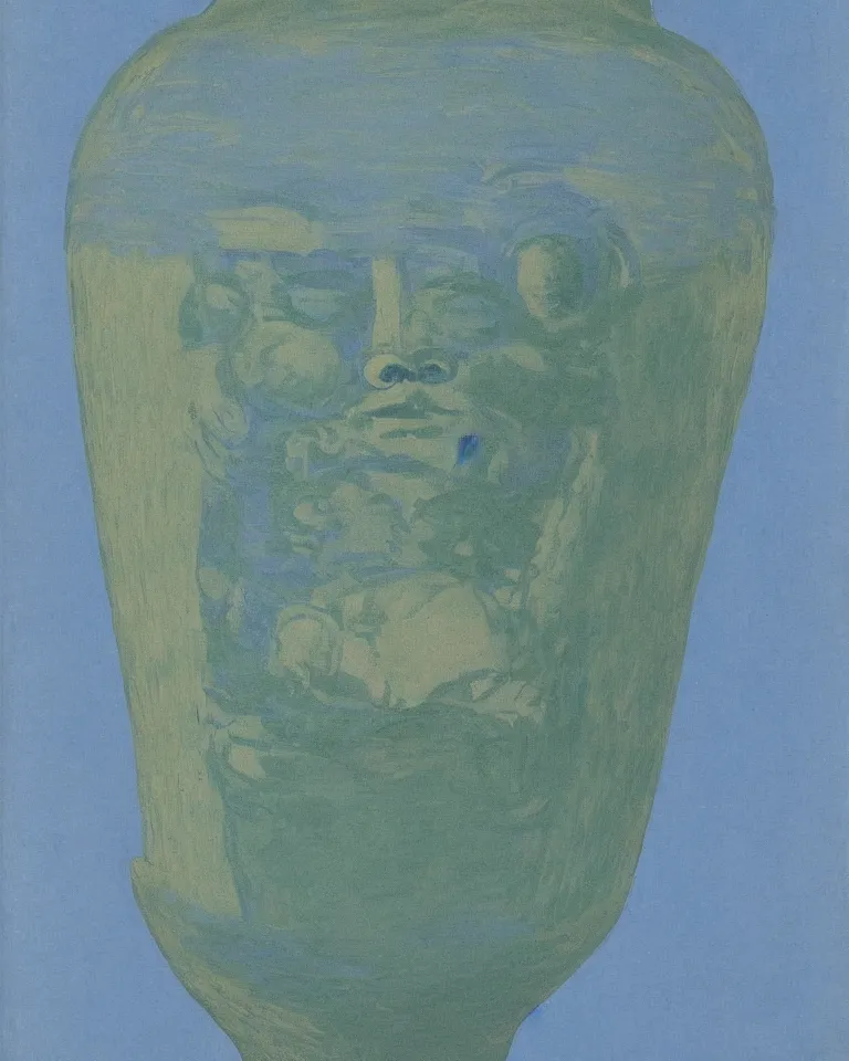 Image similar to achingly beautiful print of solitary painted ancient greek vase on baby blue background by rene magritte, monet, and turner. symmetrical, shaded.