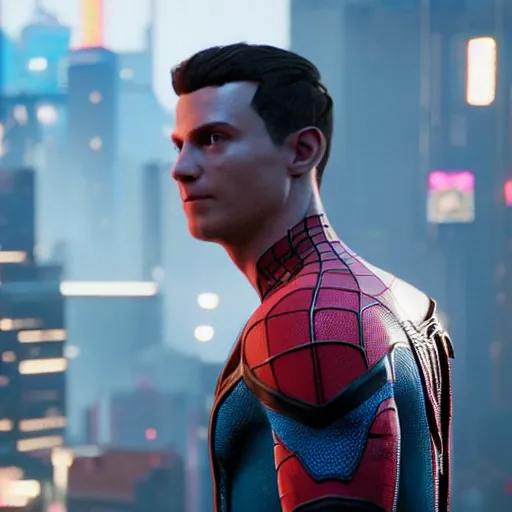 Prompt: a film portrait still of spider - man from cyberpunk 2 0 7 7 unreal engine. realism, cinematic lighting, highly detailed spider - man, 4 k. 8 mm. grainy. panavision.