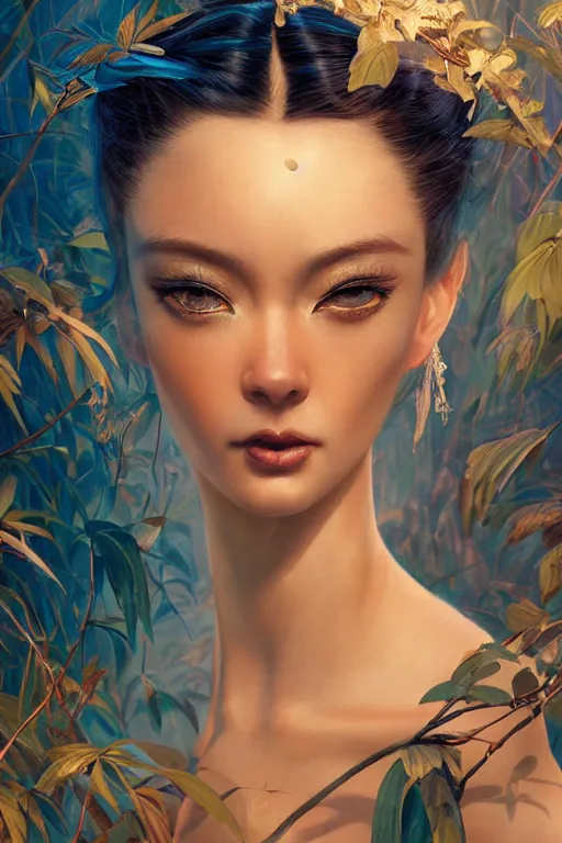 Prompt: stunningly beautiful, blue - eyed geisha prima ballerina in jungle, symmetrical face, golden hour, smooth, focus, highly detailed, hyper realistic, dramatic lighting, elegant, intricate, concept art, art by wlop, mars ravelo, greg rutowski, artstation