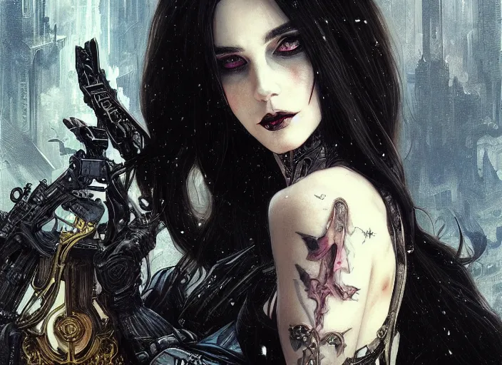 Image similar to beautiful pale gothic maiden killing Nicolas Cage, warhammer 40000, cyberpunk, intricate, elegant, highly detailed, digital painting, artstation, concept art, smooth, sharp focus, illustration, art by artgerm and greg rutkowski and alphonse mucha and Gustav Klimt and Ilya Kuvshinov