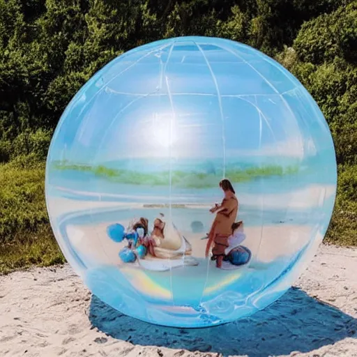 Prompt: a pastel colour high fidelity wide angle Polaroid art photo from a holiday album at a seaside with two inflatable parachute spheres, all objects made of transparent iridescent Perspex and metallic silver, a grid of sun beds iridescence, nostalgic