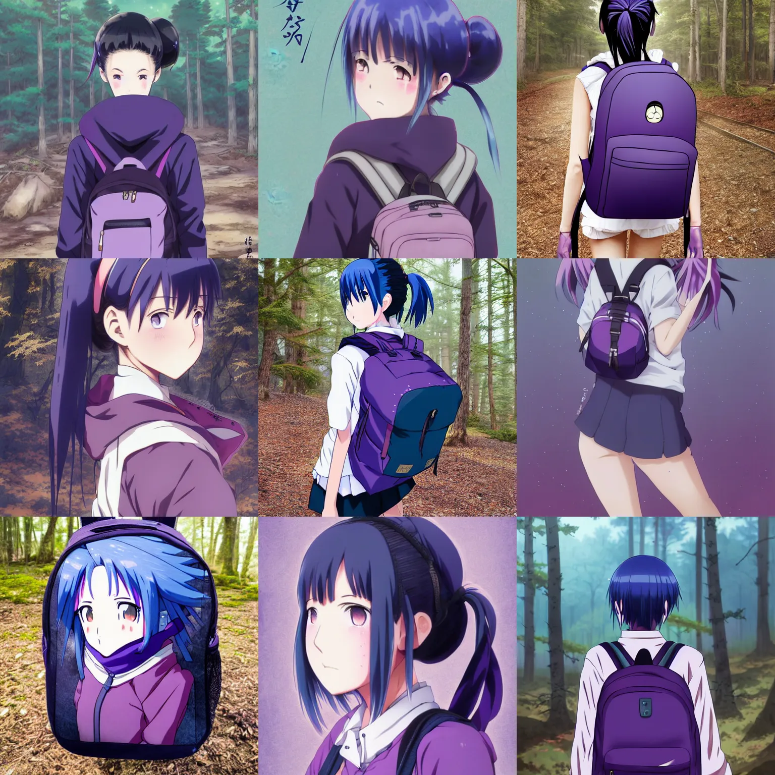 Image similar to anime shima rin shimarin yuru camp dark - blue hair bun tied in a high bun purple violet eyes portrait by greg rutkowski forest background backpack