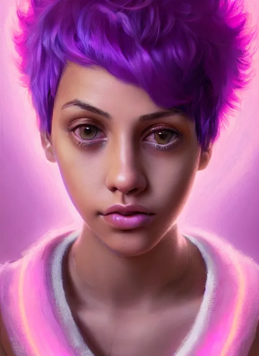 Image similar to portrait of teenage vanessa morgan with bright pink hair, curly pixie cut hair, wearing a purple breton cap, breton cap, hoop earrings, intricate, elegant, glowing lights, highly detailed, digital painting, artstation, concept art, smooth, sharp focus, illustration, art by wlop, mars ravelo and greg rutkowski