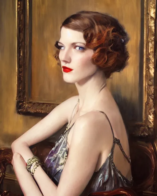 Image similar to daniel gerhartz and artgerm portrait digital realist painting of a 1 9 2 0 s beautiful woman at a party in a mansion, mansion interior in the background, unreal engine, hyper realism, realistic shading, cinematic composition, realistic render, octane render, detailed textures, photorealistic, ultrawide shot, 3 5 mm film