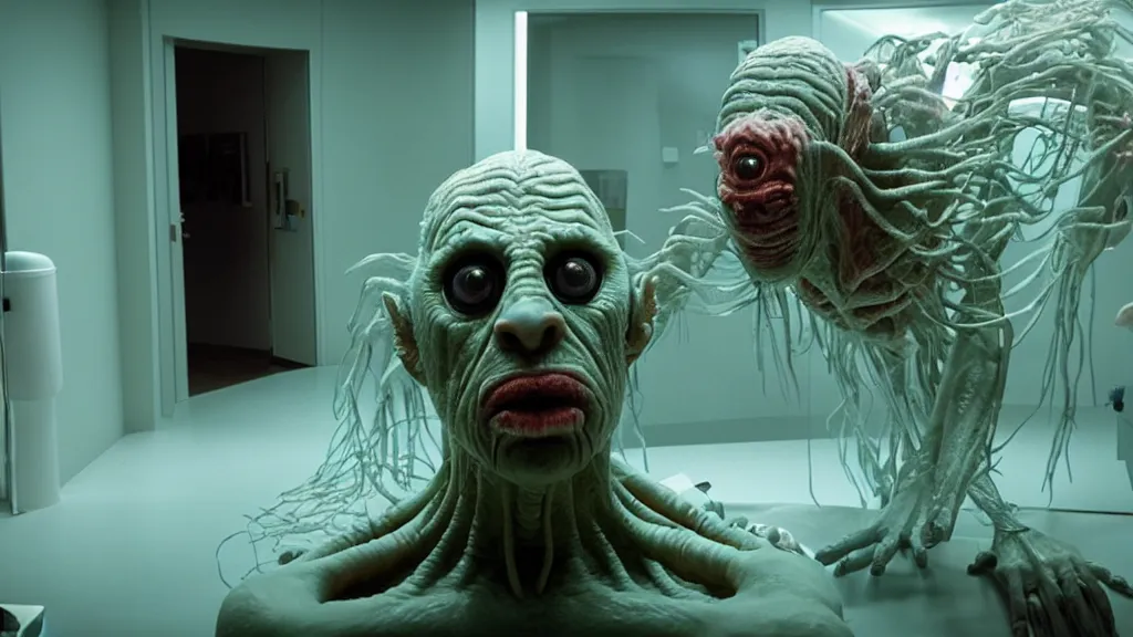 Image similar to the creature at the doctor's office, made of glowing wax and ceramic, they look me in the eye, film still from the movie directed by denis villeneuve and david cronenberg with art direction by salvador dali, wide lens