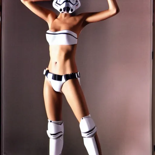 Prompt: highly detailed full body portrait female supermodel with stormtrooper helmet and white bikini, sexy pose, style of 8 0 s movie poster