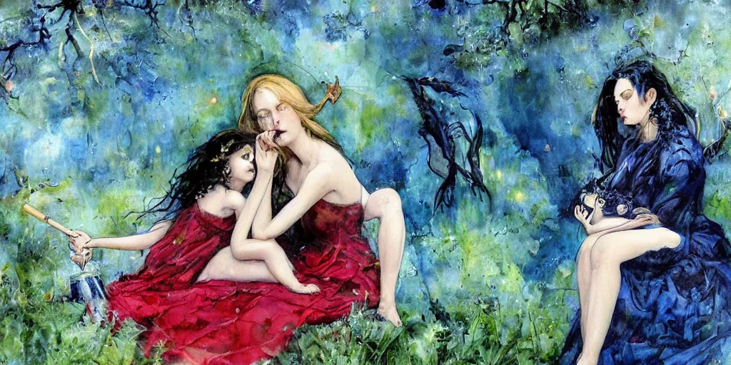 Prompt: a painting, style of lois royo, gerald brom, mother and her very young daughter, smoking a bowl of hash together in blue and green dresses, from a huge red glass bong, sitting in a field of cannabis