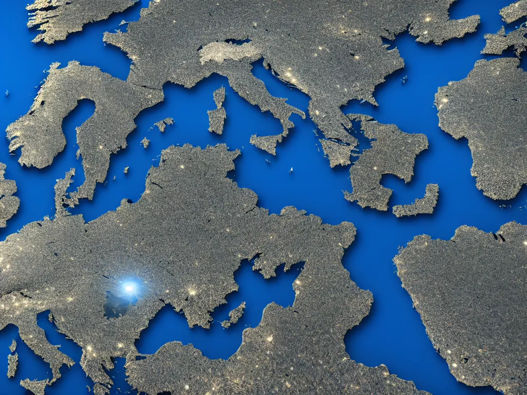 Image similar to satellite view of europe with a gigantic super computer visible from space, artstation, volumetric light, high detail, reflections, perfect, concept art, hdr, 8 k