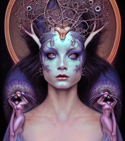 Image similar to symmetrical portrait, a beautiful female sorceress in dress, pretty, detailed and intricate, perfect body shape, perfect face, hypermaximalist, elegant, ornate, luxury, elite, matte painting, cinematic lighting, james jean, brian froud, wayne barlowe