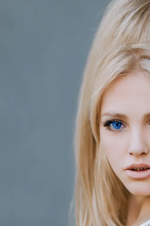 Prompt: a portrait of a blonde wonderful young woman, blue eyes, highly detailed, fujifilm 5 6 mm f 1. 2