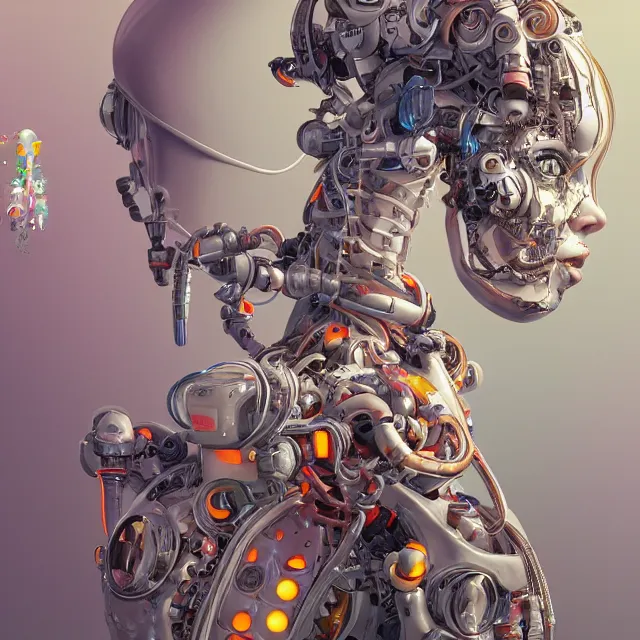 Image similar to the portrait of true neutral colorful female cyborg milk maid, elegant, lactating robot, an ultrafine hyperdetailed illustration by kim jung gi, irakli nadar, intricate linework, bright colors, final fantasy, unreal engine 5 highly rendered, global illumination, radiant light, detailed and intricate environment