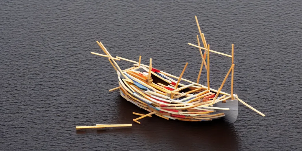 Image similar to a boat made of match sticks, 4k, 35mm