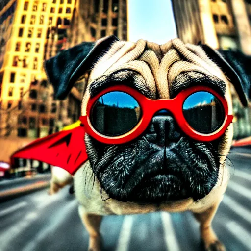 Image similar to “A high quality action photo of a pug with old school brown pilot goggles flying like superman towards the camera, high above NYC, motion blur, high detail, zoomed in, fish eye lense”