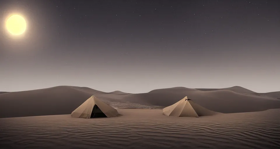 Prompt: hyper realistic matte painting of a small tent in the desert with dunes at midnight, very dark black color scheme, artstation