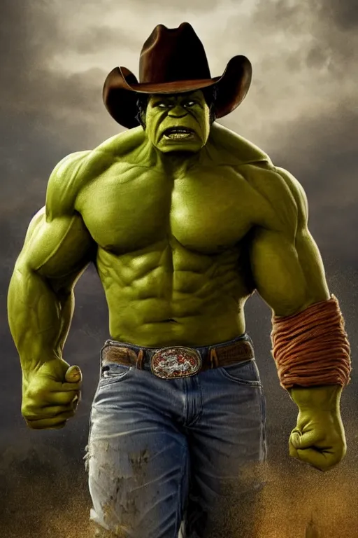 Film Still of Hulk wearing a cowboy hat, oil on | Stable Diffusion