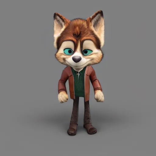 Image similar to far shot, 3d render , anthropomorphic wolf male , wearing along brown leather jacket , in the style of Zootopia