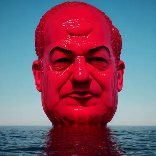 Image similar to a giant human head sculpture looking like banjamin netanyahu in the sea made out of juicy and transparent red jelly, long shot, hyper detailed, hyper realistic, ray tracing, 8 k resolution, sharp focus, realistic water, award winning