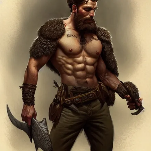 Image similar to rugged male ranger, handsome, D&D, upper body, muscular, hairy torso, fantasy, intricate, elegant, highly detailed, digital painting, artstation, concept art, smooth, sharp focus, illustration, art by artgerm and greg rutkowski and alphonse mucha