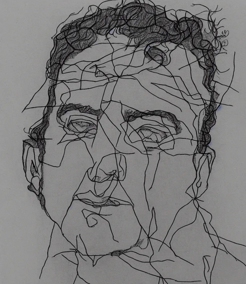 Image similar to minimalist line art portrait of leonard cohen, inspired by egon schiele. contour lines, freestyle twirls and curves, musicality, quick sketch