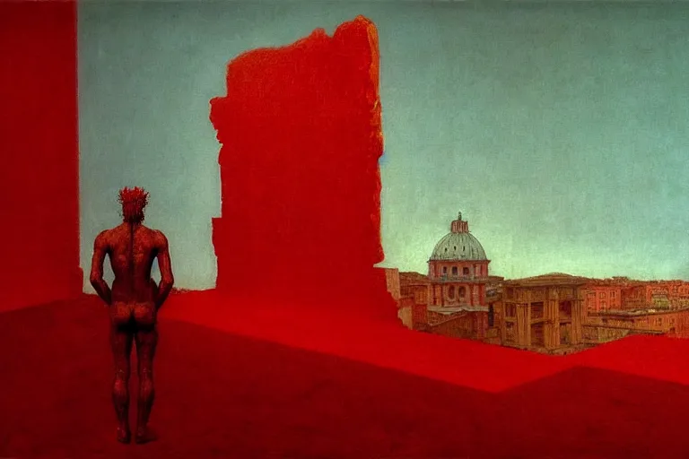 Image similar to only with red, caesar after war, a red tiger, in hoc signo vinces, rome in background, an ancient path, in the style of beksinski, part by hopper, part by rodcenko, part by hofbauer, intricate composition, red by caravaggio, insanely quality, highly detailed, masterpiece, red light, artstation