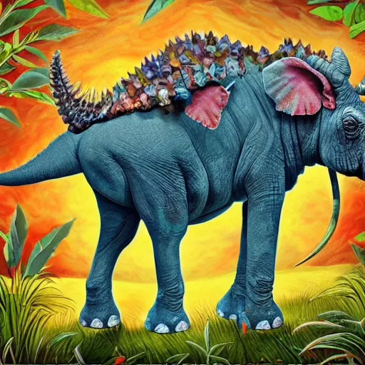 Prompt: hybrid animal cross between colorful triceratops and elephant detailed oil painting 4k