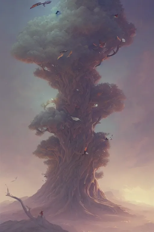 Image similar to a painting of a tree with birds flying around it, a storybook illustration by peter mohrbacher, cgsociety contest winner, fantasy art, artstation hq, detailed painting, behance hd