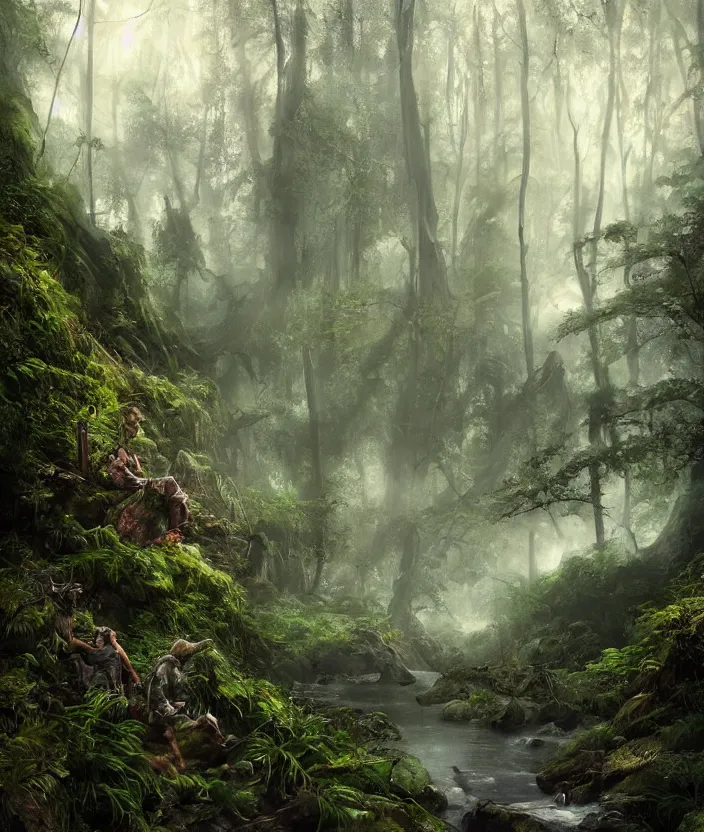 Image similar to most epic landscape, epic cinematic hyperrealism masterpiece. realistic poster with shaded lighting by craig mallismo, artgerm, jeremy lipkin and michael garmash, unreal engine, radiant light, detailed and complex environment, digital art, art station trends, environmental portrait, low angle, 3 5 mm, forest path, jungle, misty, moss, vines, fern