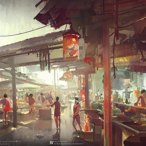 Image similar to concept art a singaporean neighborhood hawker centre, by greg rutkowski