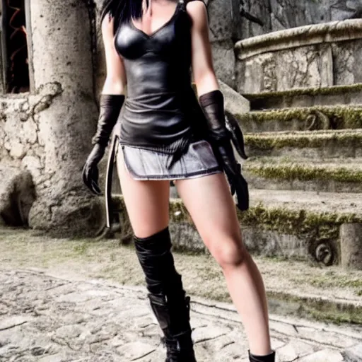 Image similar to Tifa Lockhart from Final Fantasy VII Remake (2020) laughing in Italy