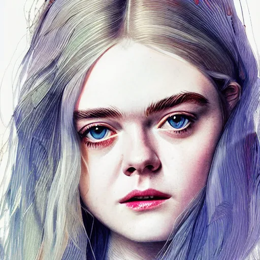 Image similar to professional painting of Elle Fanning in the style of Conrad Roset, head and shoulders portrait, symmetrical facial features, smooth, sharp focus, illustration, intricate, stormy weather, extremely detailed masterpiece,