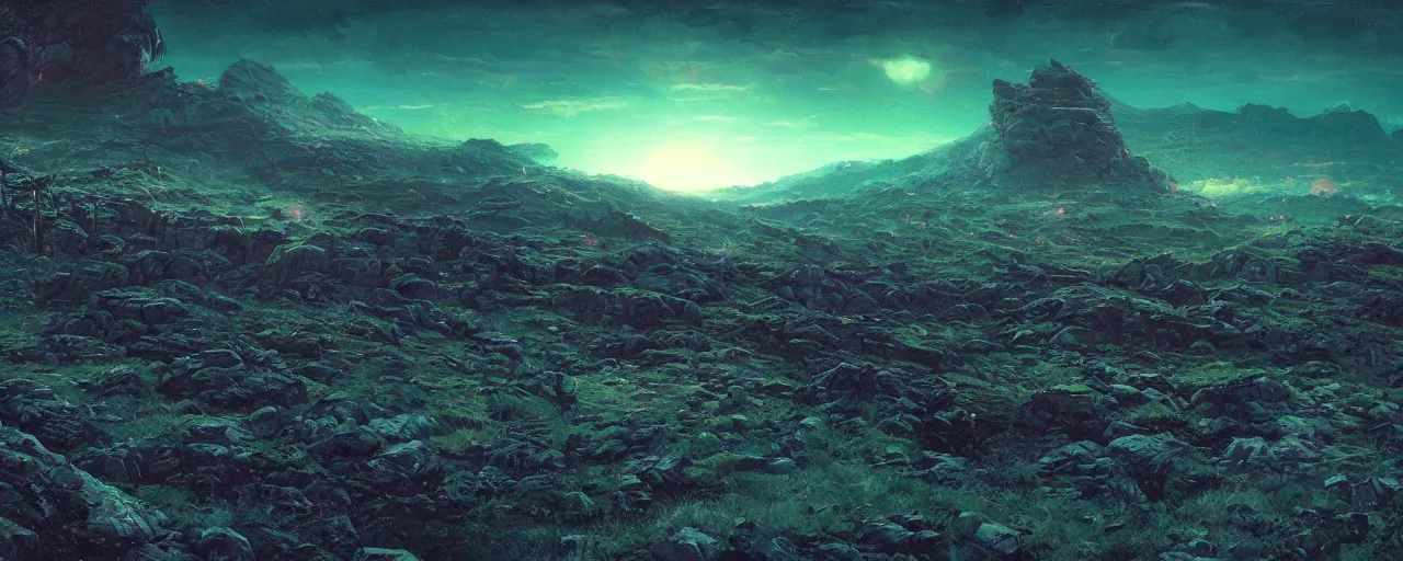 Image similar to ” rocky landscape at pitchblack moonlit night, [ cinematic, detailed, epic, widescreen, opening, establishing, mattepainting, photorealistic, realistic textures, octane render, art by wlop and paul lehr ] ”