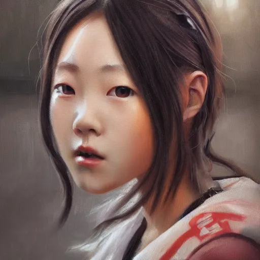 Image similar to a perfect, realistic professional oil painting of a Japanese schoolgirl posing in a dystopian alleyway, close-up, by a professional American senior artist on ArtStation, a high-quality hollywood-style concept