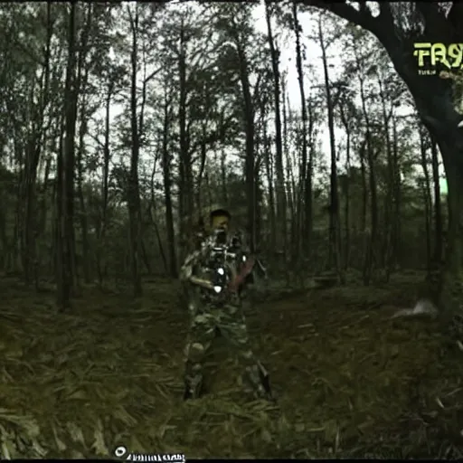 Image similar to Arnold Schwarzenegger at forest caught on trail cam, trail camera footage, wide angle lens, night vision