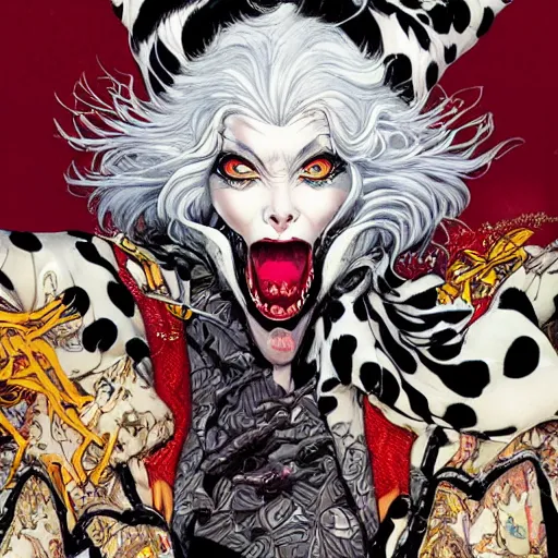 Prompt: portrait closeup of crazy cruella de vil, symmetrical, by yoichi hatakenaka, masamune shirow, josan gonzales and dan mumford, ayami kojima, takato yamamoto, barclay shaw, karol bak, yukito kishiro