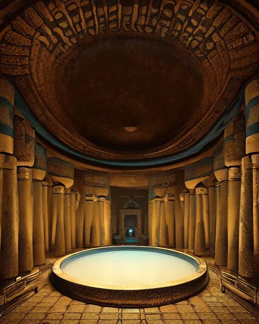 Prompt: greg rutkowski digital painting of an ornate and royal egyptian antechamber tomb, a circular pool in the tomb showing the galaxy, unreal engine, hyper realism, realistic shading, cinematic composition, blender render, octane render, hdr, detailed textures, photorealistic, ultrawide shot, 3 5 mm film