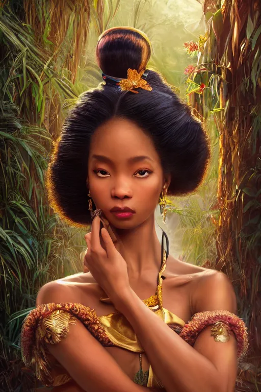 Image similar to stunningly beautiful, nubian geisha prima ballerina in jungle, symmetrical face, golden hour, smooth, focus, highly detailed, hyper realistic, dramatic lighting, elegant, intricate, concept art, art by wlop, mars ravelo, greg rutowski, artstation