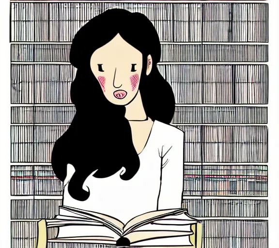 Prompt: A long black haired girl is reading a book in a library. No shading, flat colors, digital art