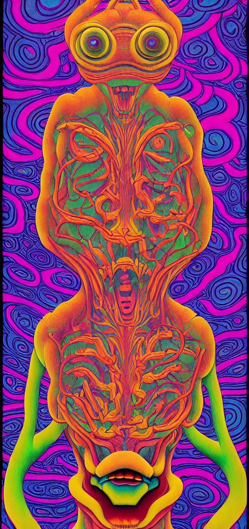 Image similar to dmt creature portraits in the style of kaws, victo ngai, lisa frank, francis goya, basil wolverton, roy litchenstein, mc escher style