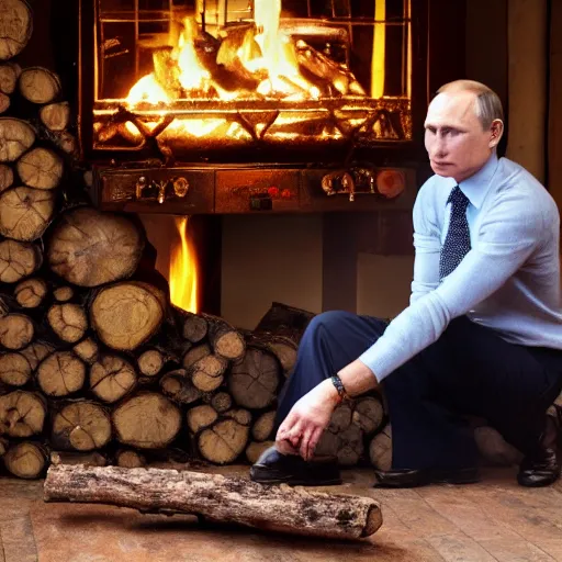Image similar to vladimir putin looking at a log fire photograph, nikon lighting effect dof
