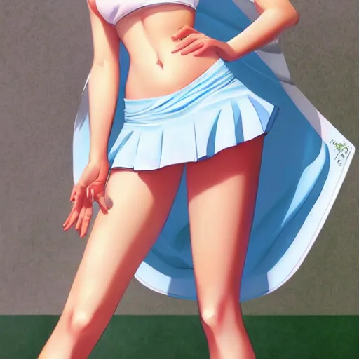 Prompt: full body shot : a very beautiful young blond tennis anime girl, sky blue eyes, smug, bikini, white miniskirt, highly detailed, cinematic wallpaper by stanley artgerm lau