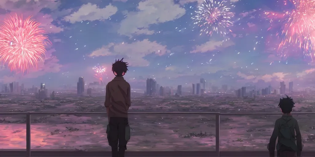 Prompt: realistic building, fireworks, wide landscape, eva, war, lonely, art by makoto shinkai