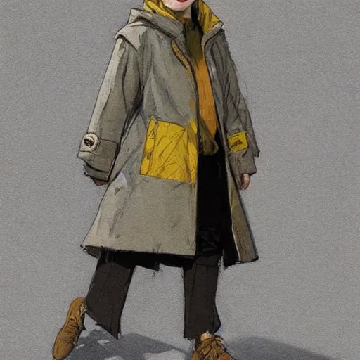 Image similar to a highly detailed epic cinematic concept art CG render digital painting artwork costume design: pixie cut Sadie Sink in a 1950s man's coat and hoodie. muted colors with some yellow accents. By Greg Rutkowski, Ilya Kuvshinov, WLOP, Stanley Artgerm Lau, Ruan Jia and Fenghua Zhong, trending on ArtStation, made in Maya, Blender and Photoshop, octane render, excellent composition, cinematic atmosphere, dynamic dramatic cinematic lighting, aesthetic, very inspirational, arthouse