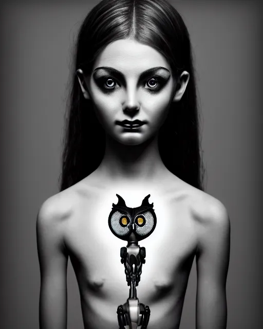 Prompt: surreal mythical dreamy dark artistic black and white fine art 3 / 4 portrait photo of a young delicate female robot - vegetal - human with orchid - owl face, rim light, cinematic, studio dramatic light, poetic, octane render, 8 k, photo - realistic