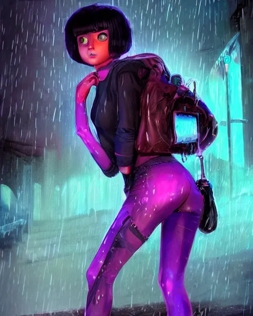 Image similar to an epic fantasy comic book style full body portrait painting of a very beautiful imposing outrun emo industrial goth dora the explorer in the rain, neon reflections in the rain puddles, character design by mark ryden and pixar and hayao miyazaki, unreal 5, daz, hyperrealistic, octane render, cosplay, rpg portrait, dynamic lighting, intricate detail, cinematic