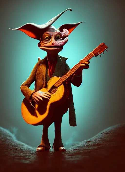 Image similar to a cute sharply dressed goblin playing the blues on an old acoustic guitar, in the style of boris valejo and terry gilliam, fantastic, dramatic lighting, smoke, mist, forest, hyperrealistic, photorealistic, accurate, detailed, octane render